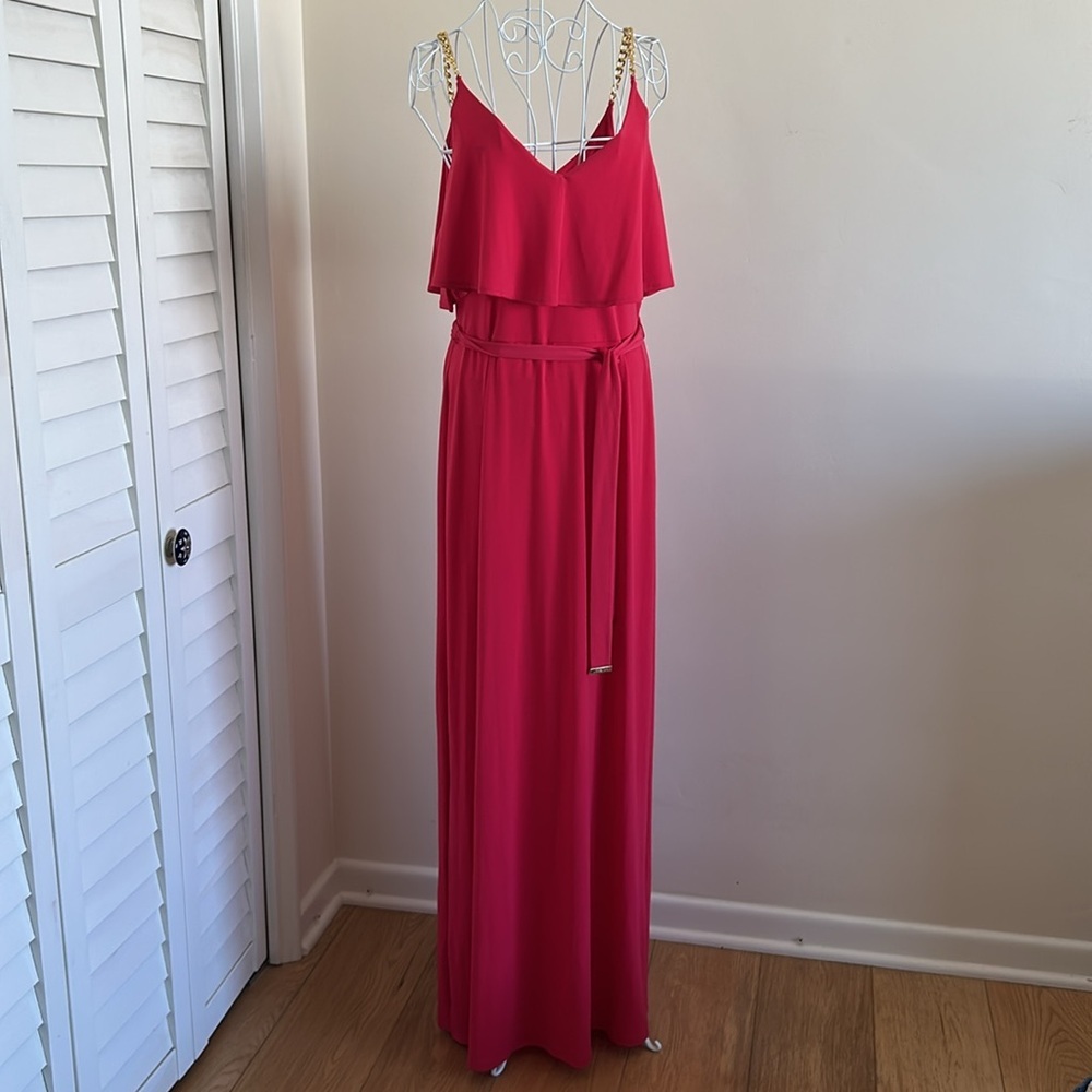 Size L | Michael Kors | Hot Pink Floor-Length Dress | Gold Chain Detail